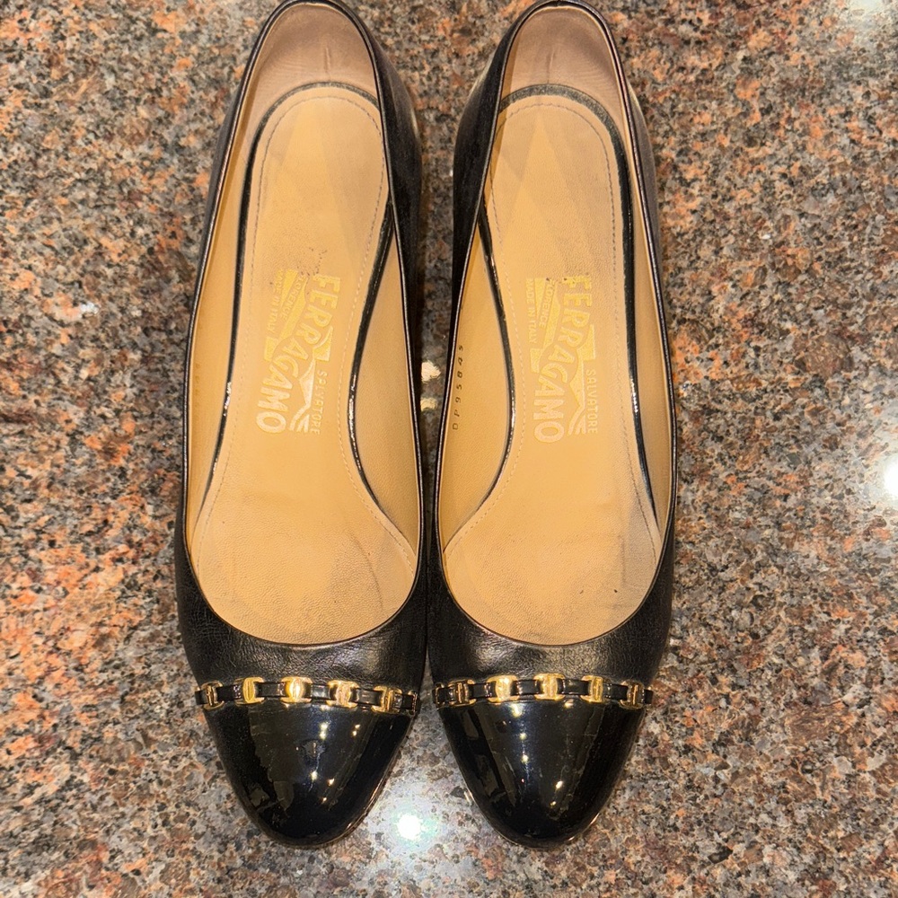 Salvatore Ferragamo Black Patent Leather Flats with Gold Accents